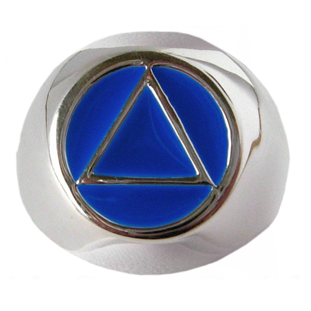 Sterling Silver Mens Ring, Alcoholics Anonymous AA Symbol with Blue Enamel Inlay