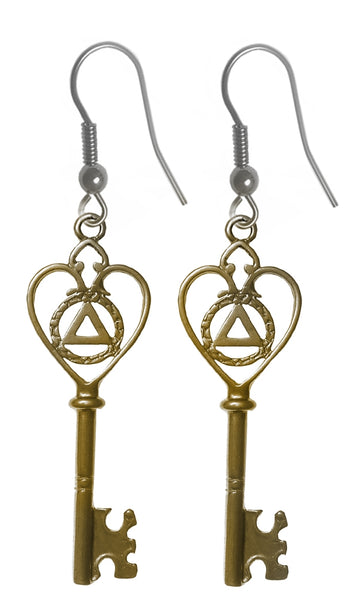 Brass Earrings, Old Style Heart Shaped Key with Alcoholics Anonymous AA Symbol