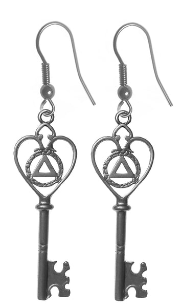 Sterling Silver Earrings, Old Style Heart Shaped Key with Alcoholics Anonymous AA Symbol