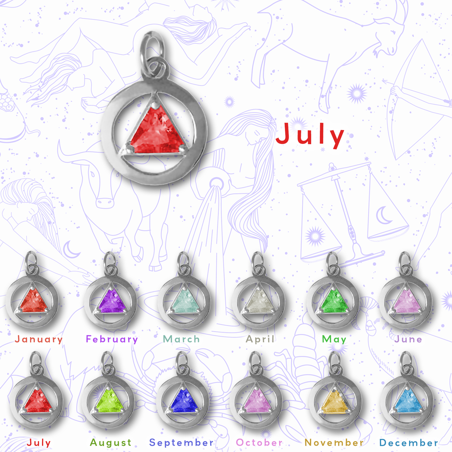 Sterling Silver Flat Circle Pendant with 6mm Triangle Birthstone – 12-Step Recovery Jewelry