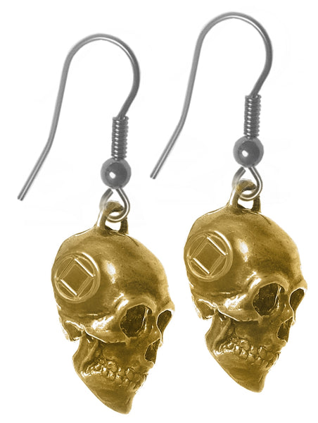 Brass Earrings, 3d Skull with Narcotics Anonymous NA Symbol on Both Sides, Antiqued Finish