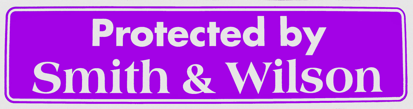 "Protected by Smith & Wilson" Bumper Sticker, Available in 3 Colors, Size 11-1/2" x 3"
