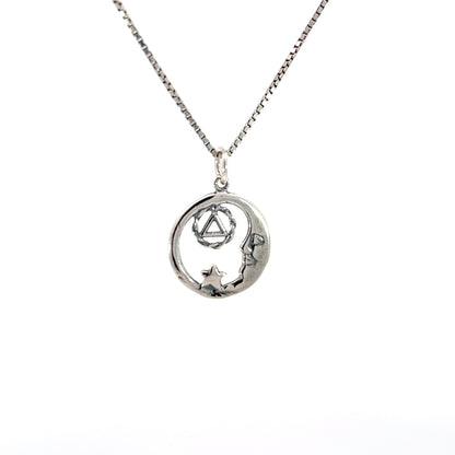 Sterling Silver AA Symbol Pendant with Moon and Star – 1.4g, Hand-Finished Recovery Jewelry