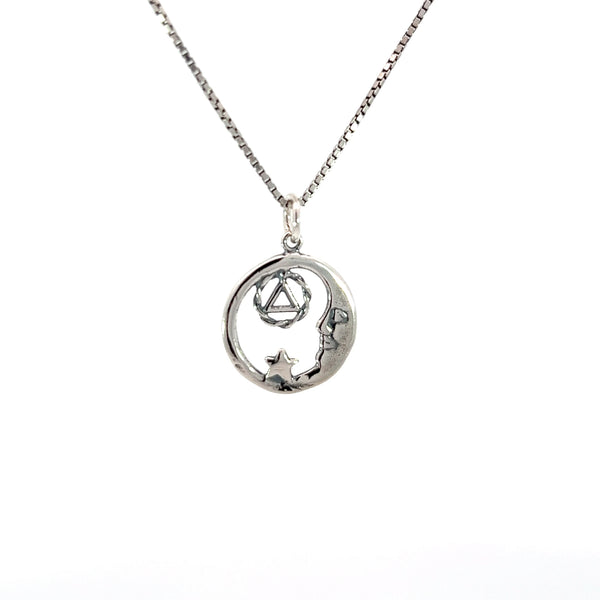 Sterling Silver, Moon and Star Pendant with Alcoholics Anonymous AA Symbol, Medium Size