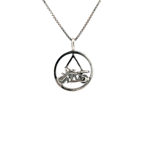 Sterling Silver Pendant, Alcoholics Anonymous AA Symbol in a SMOOTH Circle with a Harley Motorcycle