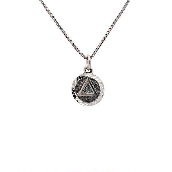 Sterling Silver Pendant, Triangle in Solid Textured Coin Style Circle w/Diamond Cut Accents, Small Size