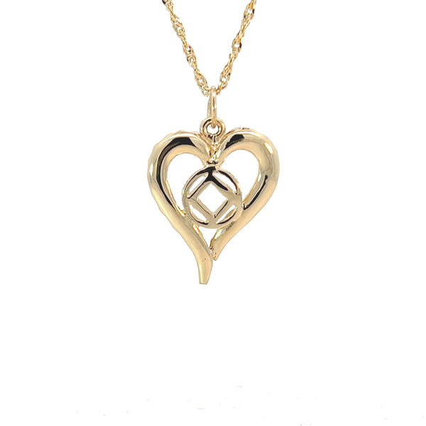 14k Gold, Heart Pendant with Narcotics Anonymous NA Symbol in the Center, Medium Size