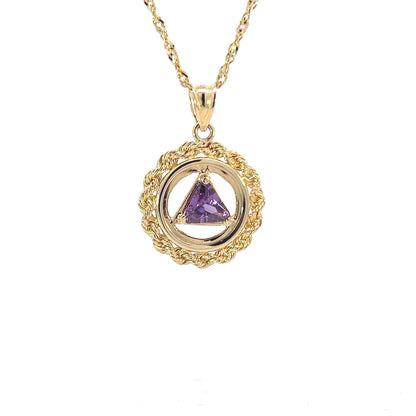 14k Gold Pendant, Small Size, Rope Style Circle, Available in Amethyst 6mm Triangle Colored CZ Birthstone