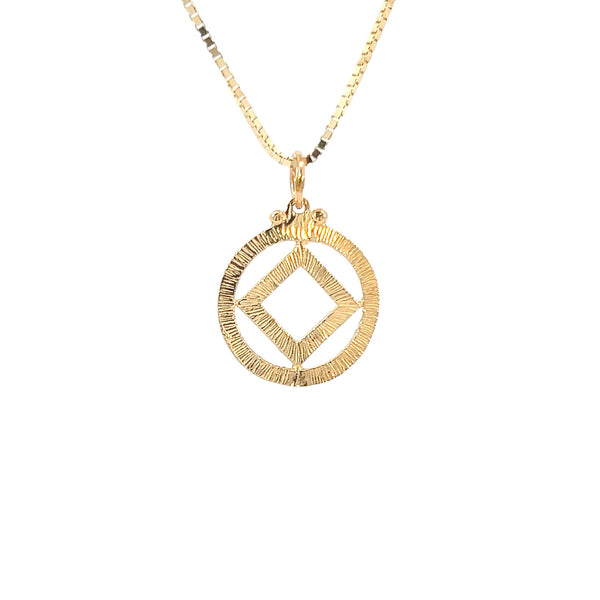 14k Gold Pendant, Narcotics Anonymous NA Symbol in a Textured Circle, Medium Size