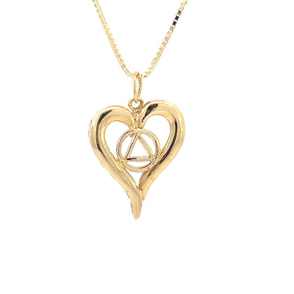 14k Gold Pendant, Alcoholics Anonymous AA Symbol in a Open Heart, Medium Size