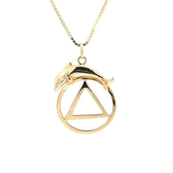 14k Gold Pendant, Alcoholics Anonymous AA Symbol with a Dolphin, Medium/Large Size