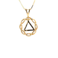 14k Gold Pendant, Alcoholics Anonymous AA Symbol in a Basket Weave Circle, Medium Size