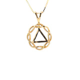 14k Gold Pendant, Alcoholics Anonymous AA Symbol in a Basket Weave Circle, Medium Size