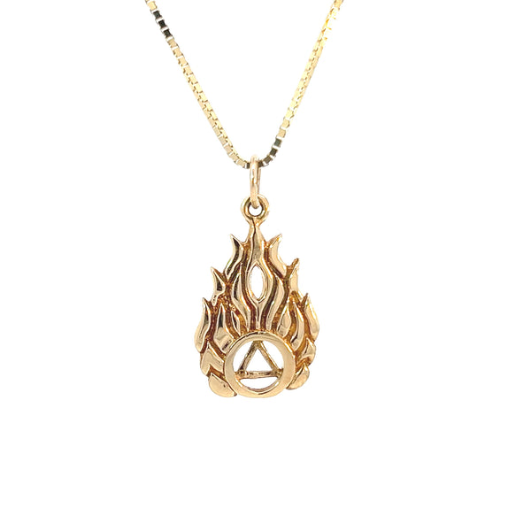 14k Gold Pendant, Alcoholics Anonymous AA Symbol in Flames