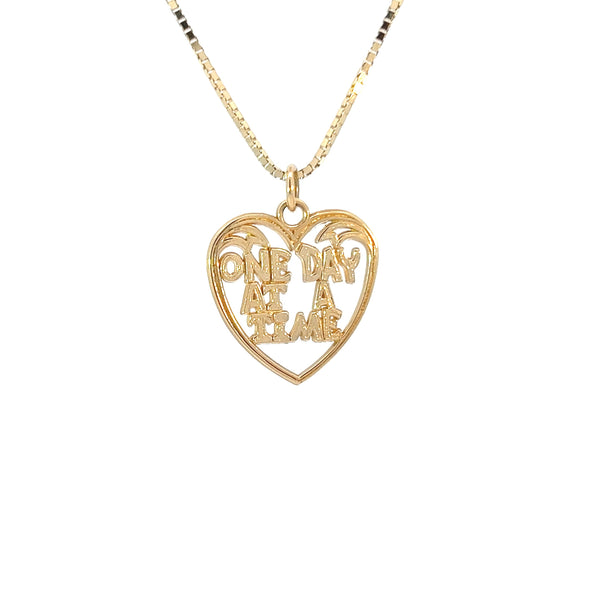 14k Gold, Sayings Pendant, Heart with "One Day At A Time"