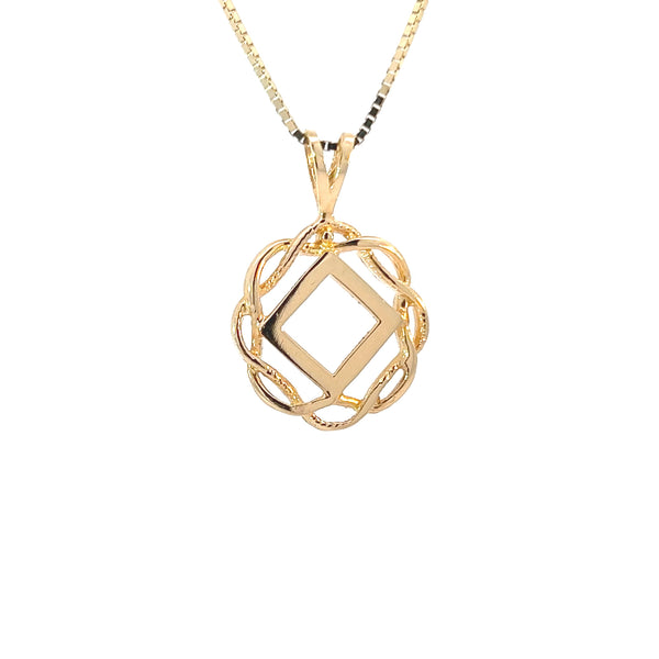 14k Gold Pendant, Narcotics Anonymous NA Symbol in a Basket Weave Circle, Medium Size