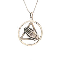 Sterling Silver Pendant, Alcoholics Anonymous AA Symbol w/Praying Hands in a Diamond Cut Circle, Large Size