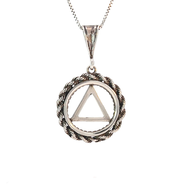 Sterling Silver Pendant, Alcoholics Anonymous AA Symbol, Rope Style Circle, Medium Size