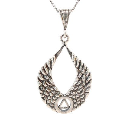 Sterling Silver AA Symbol Pendant with Angel Wings – 8.2g, Hand-Finished Recovery Jewelry