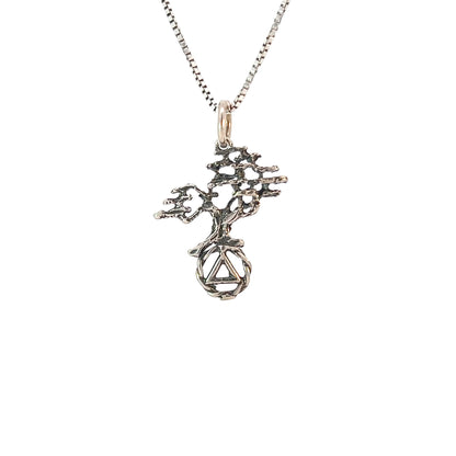 Sterling Silver AA Symbol Pendant with Tree of Life – 0.8g, Hand-Finished Recovery Jewelry