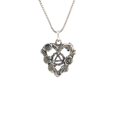 Sterling Silver AA Symbol Pendant in Open Heart with Flowers – Two-Sided Design