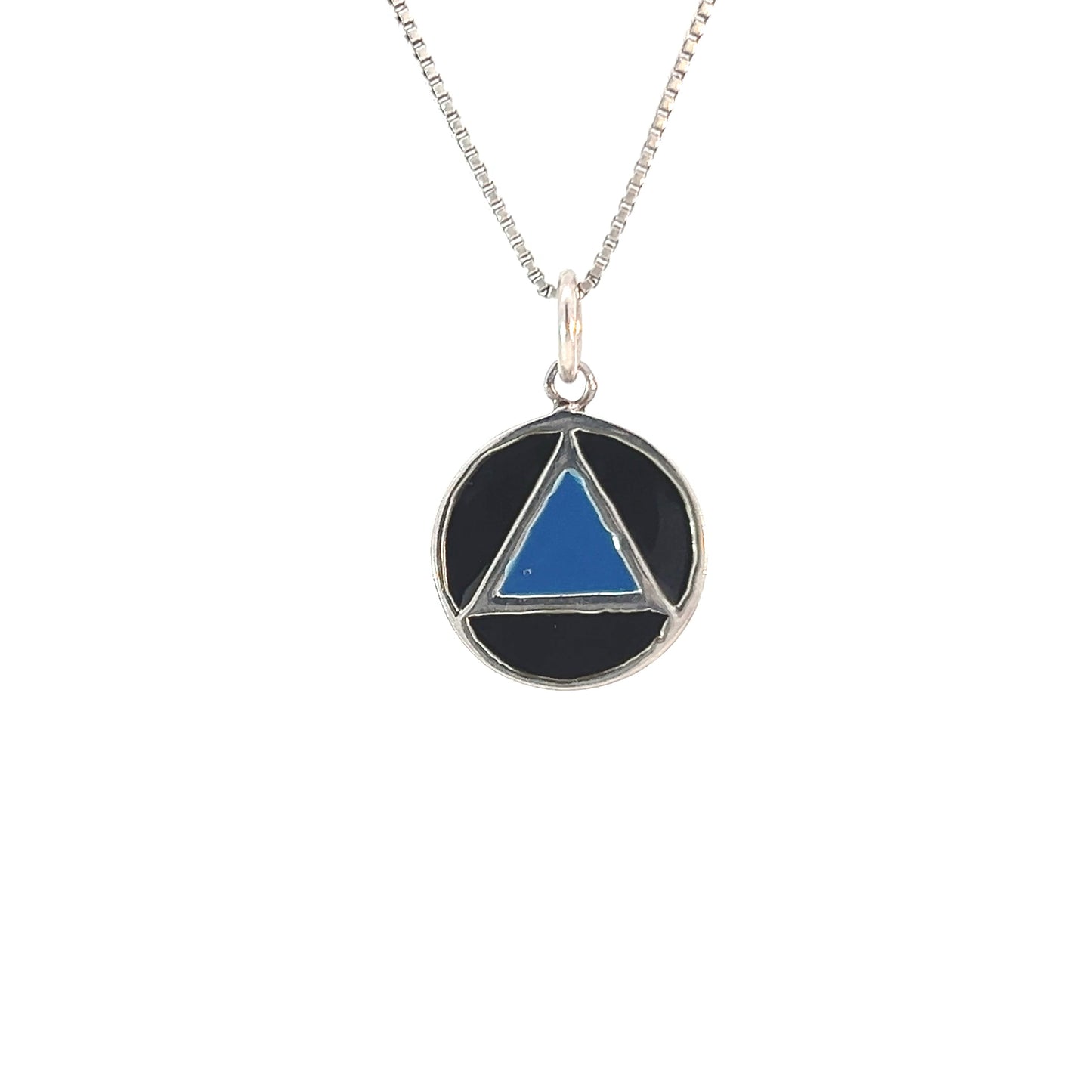 Sterling Silver AA Symbol Pendant – Black Enamel Circle & Blue Enamel Triangle