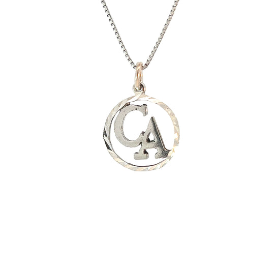Cocaine Anonymous Pendant, Sterling Silver, "CA" Initials in a Diamond Cut Circle