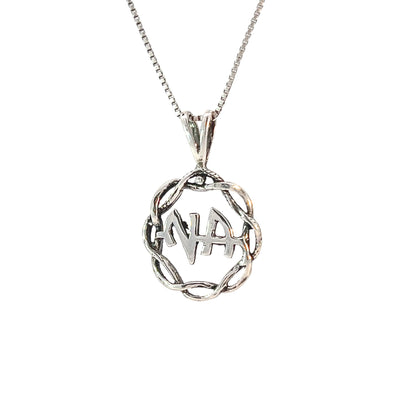 Sterling Silver Pendant, Narcotics Anonymous NA Initials in a Basket Weave Circle, Medium Size