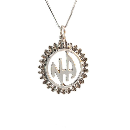 Sterling Silver Pendant, "Narcotics Anonymous" Initials in a Leaf Style Circle Medium Size