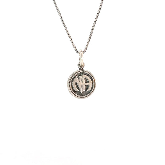 Sterling Silver Pendant, "Narcotics Anonymous" Initials in Solid Textured Coin Style Circle, Small Size
