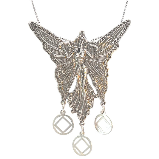 Sterling Silver Pendants, Beautiful Large Fairy with 3 Hanging Narcotics Anonymous NA Symbol