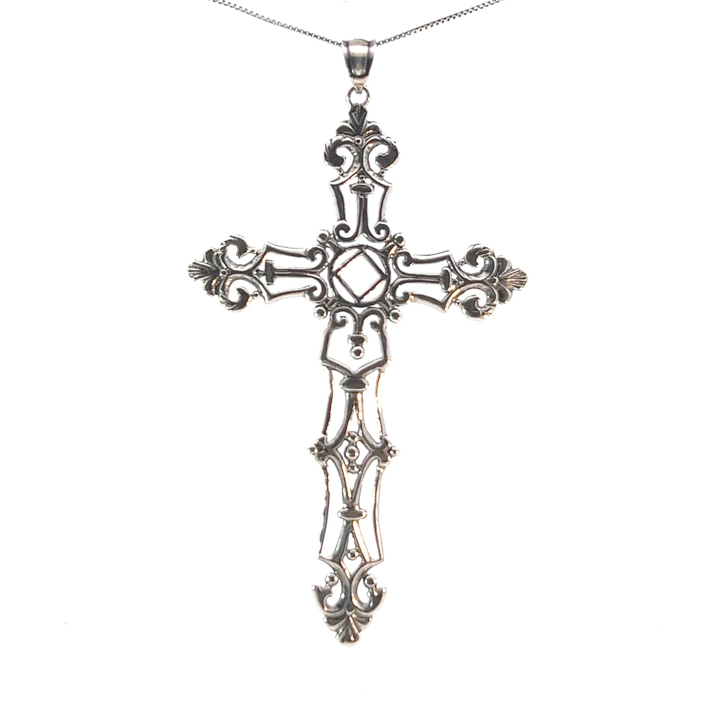 Sterling Silver Pendant, Narcotics Anonymous NA Symbol Set in a Extra Large Open Cross