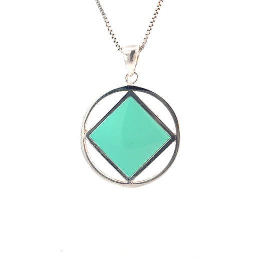 Sterling Silver Pendant, Narcotics Anonymous NA Symbol Square with Turquoise in Color Enamel Inlay, Large Size