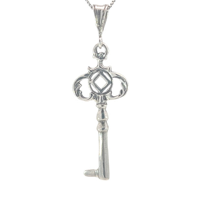 Sterling Silver Pendant, Two Sided Old Style Key with Narcotics Anonymous NA Symbol, Medium Size