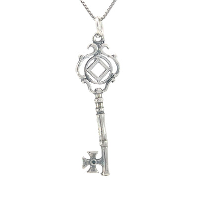 Sterling Silver Pendant, Small Narcotics Anonymous NA Symbol Inside Antique Style Key