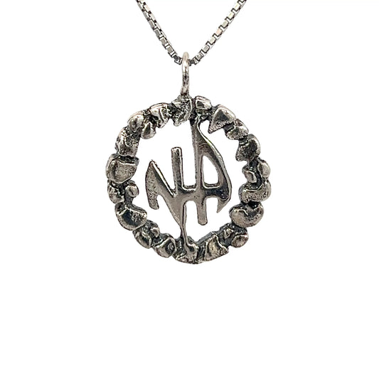 Sterling Silver Pendant, Narcotics Anonymous NA Initials in a Nugget Style Circle Medium Size