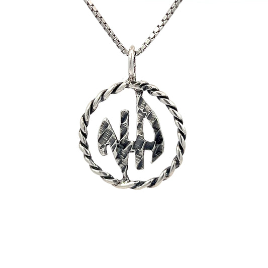 Sterling Silver Pendant, Narcotics Anonymous NA Initials in a Twist Wire Style Circle Medium Size