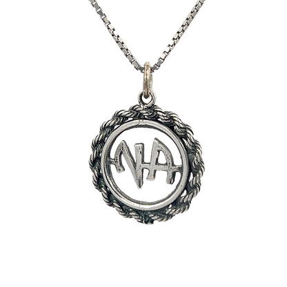 Sterling Silver Pendant, Narcotics Anonymous NA Initials in a Rope Style Circle