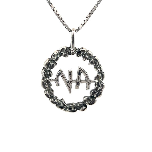 Sterling Silver Pendant, Narcotics Anonymous NA Initials in a Nugget Style Circle Medium Size
