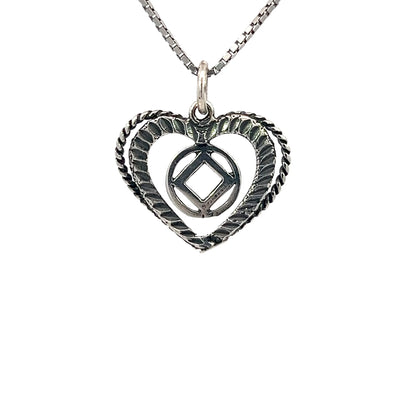 Sterling Silver, Heart Pendant with Narcotics Anonymous NA Symbol, Medium Size