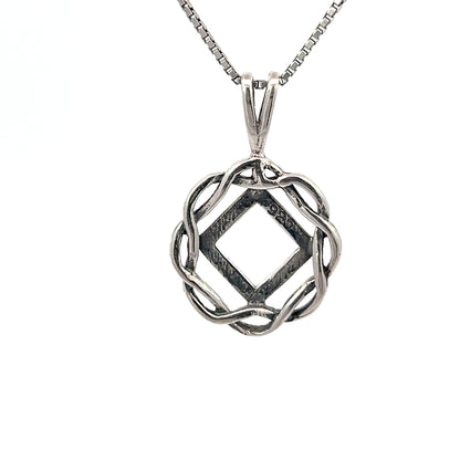 Sterling Silver Pendant, Narcotics Anonymous NA Symbol in a Basket Weave Circle, Medium Size