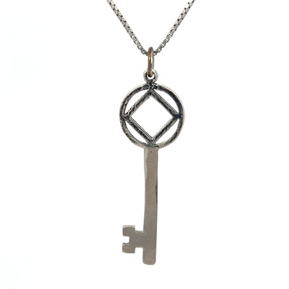 Sterling Silver Pendant, Narcotics Anonymous NA Symbol inside Antique Style Key