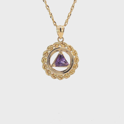 14k Gold Pendant, Small Size, Rope Style Circle, Available in Amethyst 6mm Triangle Colored CZ Birthstone