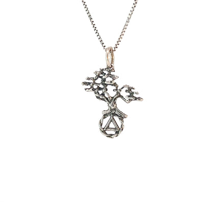 Sterling Silver AA Symbol Pendant with Tree of Life – 0.8g, Hand-Finished Recovery Jewelry