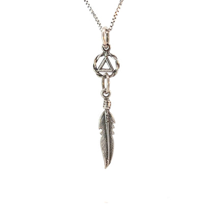 Sterling Silver Pendant, Alcoholics Anonymous AA Circle Triangle with a Single Feather