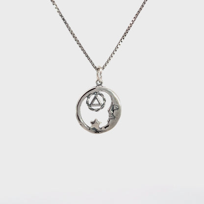Sterling Silver AA Symbol Pendant with Moon and Star – 1.4g, Hand-Finished Recovery Jewelry