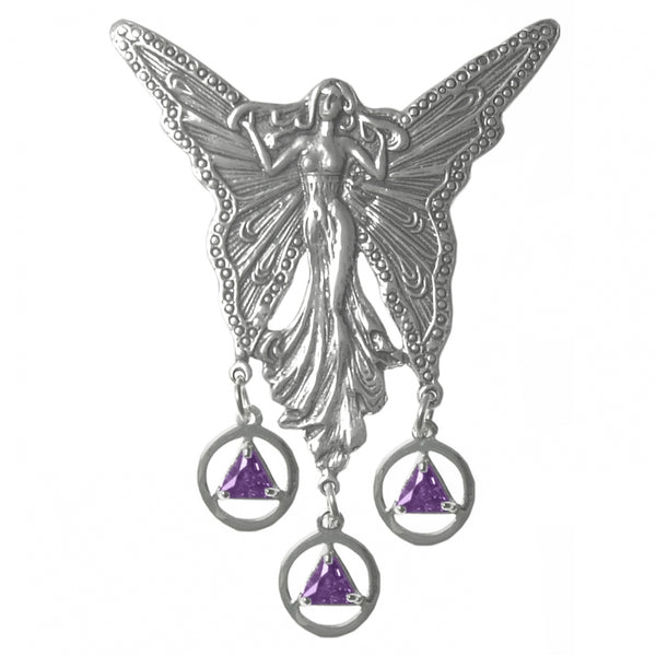 Sterling Silver Pendants, Beautiful Large Fairy with 3 Hanging Alcoholics Anonymous AA Birthstone, Available in all 12 Colors
