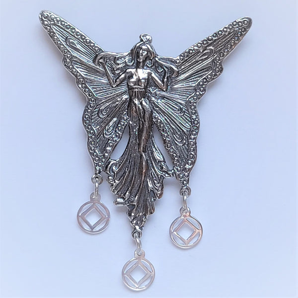 Sterling Silver Pendants, Beautiful Large Fairy with 3 Hanging Narcotics Anonymous NA Symbol