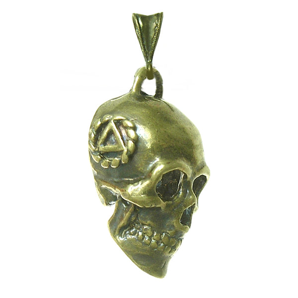 Brass, 3d Skull with Alcoholics Anonymous AA Symbol in a Small Twist Wire Circle on Both Sides, Antiqued Finish