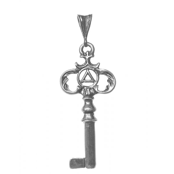 Sterling Silver Pendant, Two Sided Old Style Key with Small Alcoholics Anonymous AA Symbol